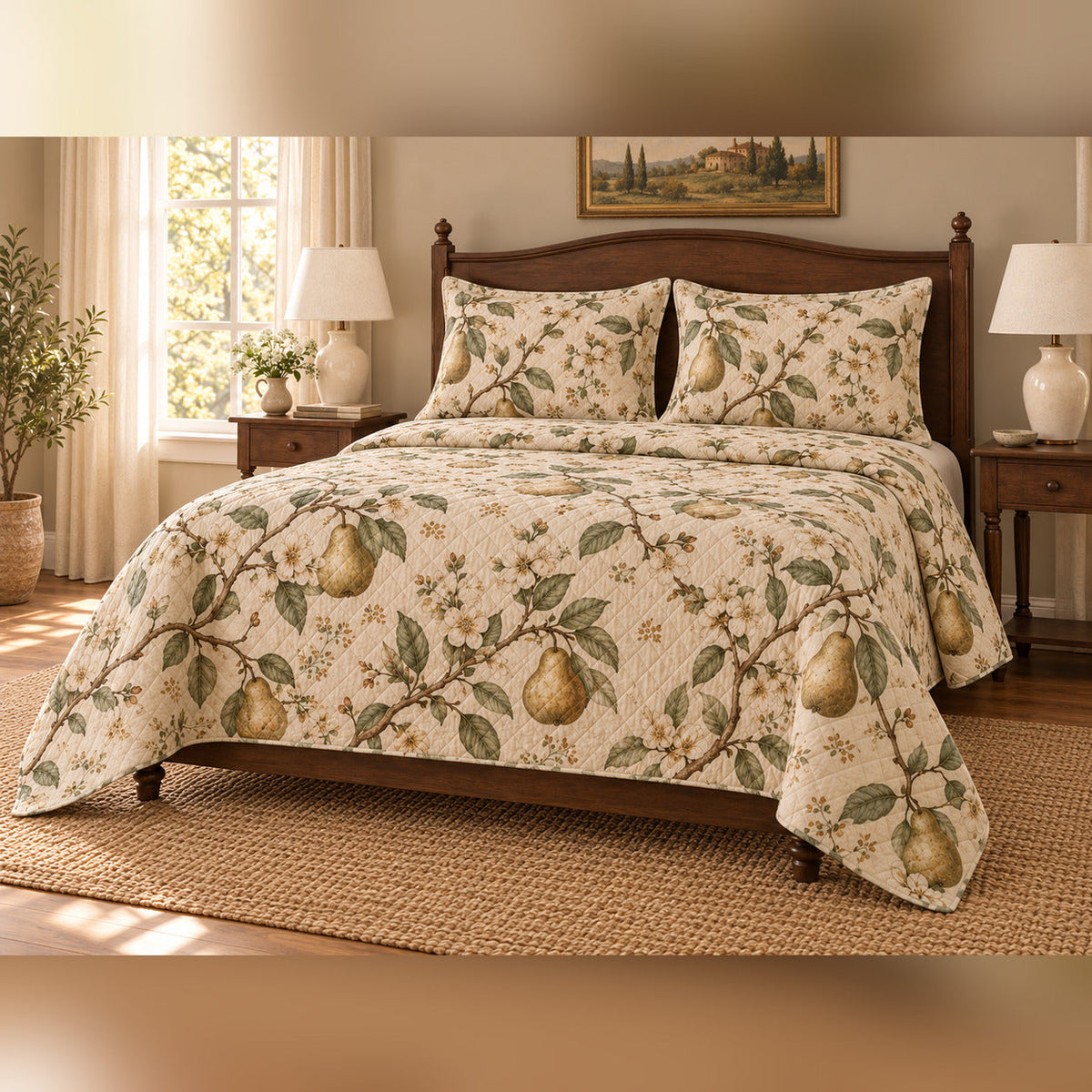 Pear Orchard Botanical French Country Quilt Set, angled French country bedroom view