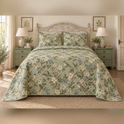 Sage Songbird Garden French Country Quilt Set, front French country bedroom view
