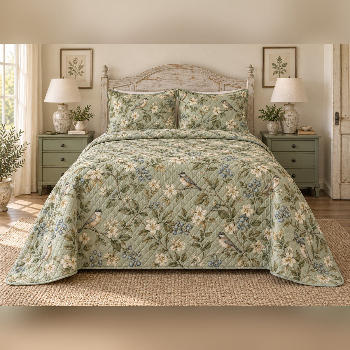 Sage Songbird Garden French Country Quilt Set, front French country bedroom view