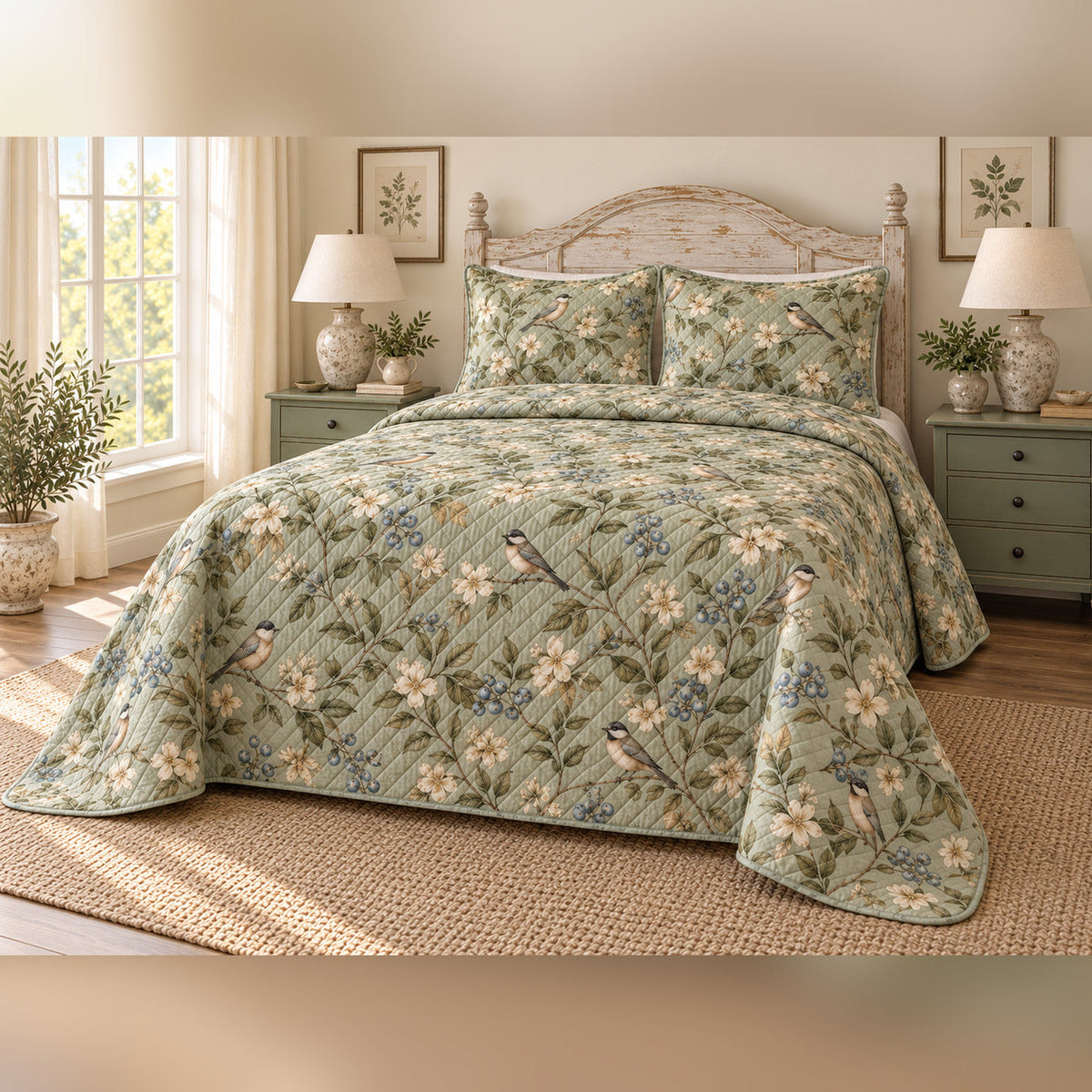Sage Songbird Garden French Country Quilt Set, angled French country bedroom view