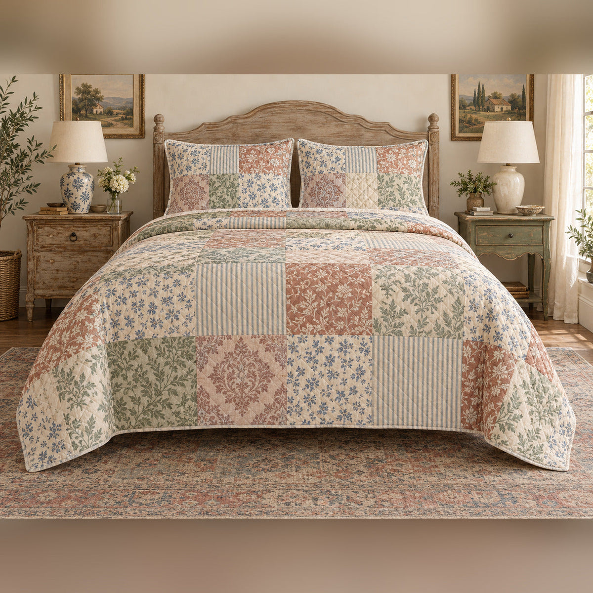 Heirloom Print Patchwork French Country Quilt Set, front French country bedroom view