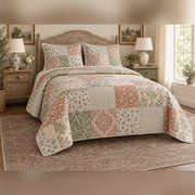 Heirloom Print Patchwork French Country Quilt Set, angled French country bedroom view
