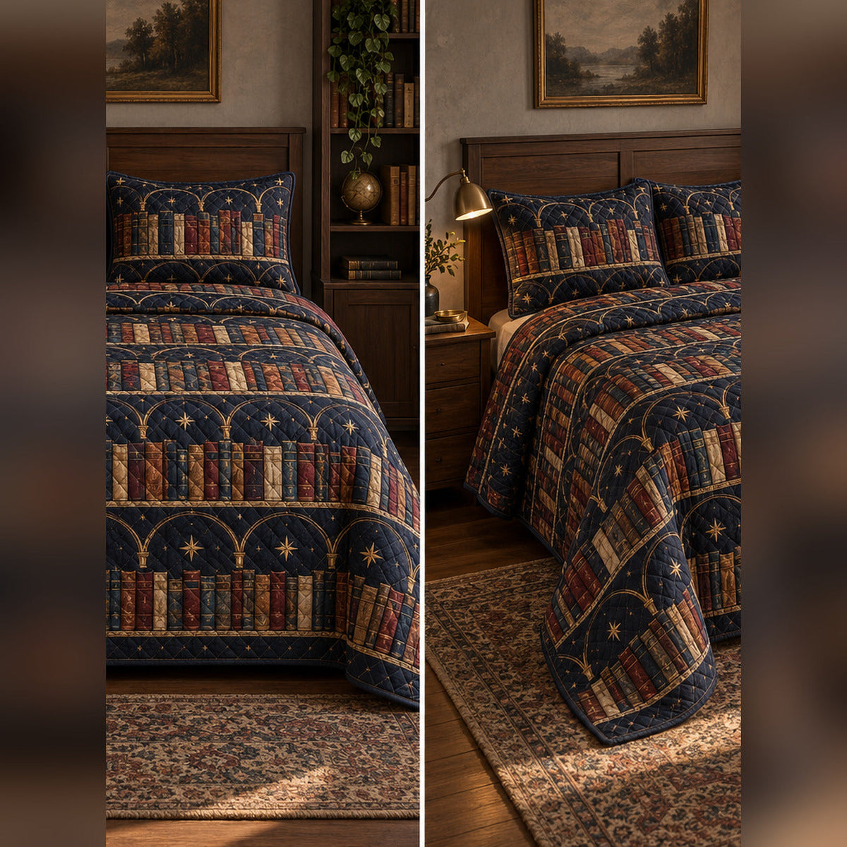 Midnight Library Book Collecting Quilt Set, front book collecting bedroom view