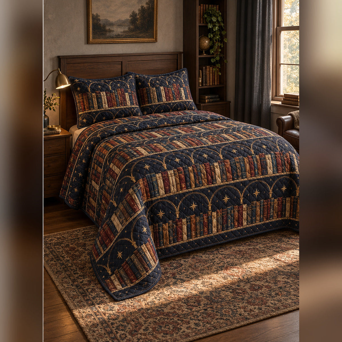 Midnight Library Book Collecting Quilt Set, angled book collecting bedroom view