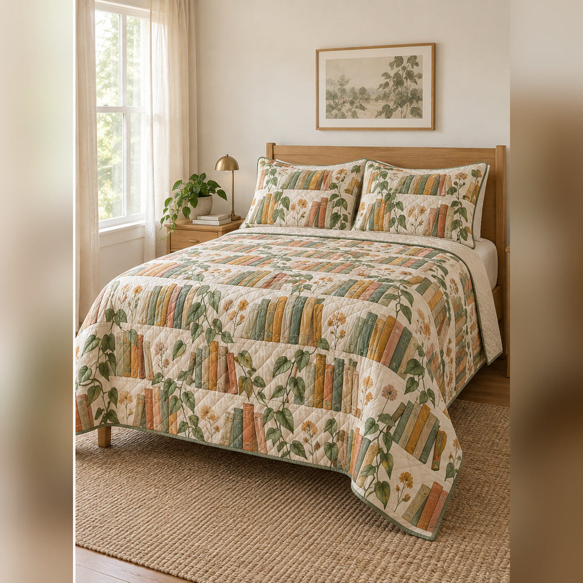 Sunlit Botanical Bookshelf Quilt Set, angled book collecting bedroom view