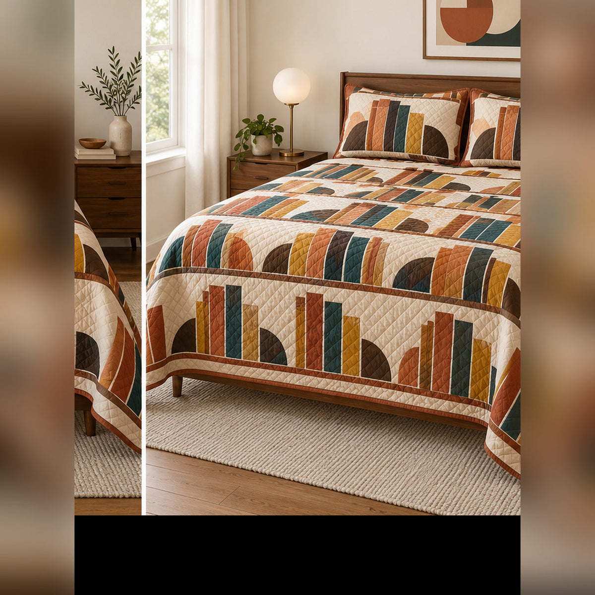 Terracotta Modernist Book Stack Quilt Set, angled book collecting bedroom view