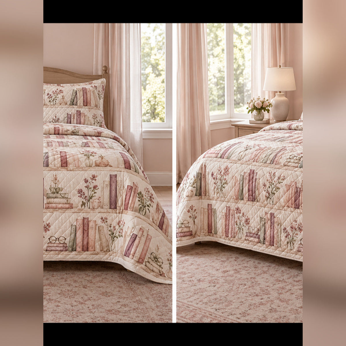 Watercolor Garden Library Quilt Set, front book collecting bedroom view