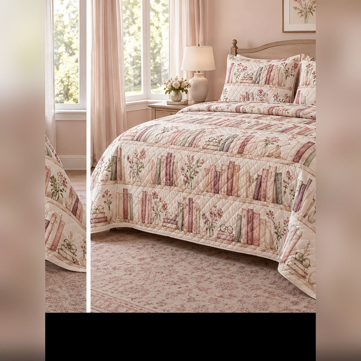 Watercolor Garden Library Quilt Set, angled book collecting bedroom view