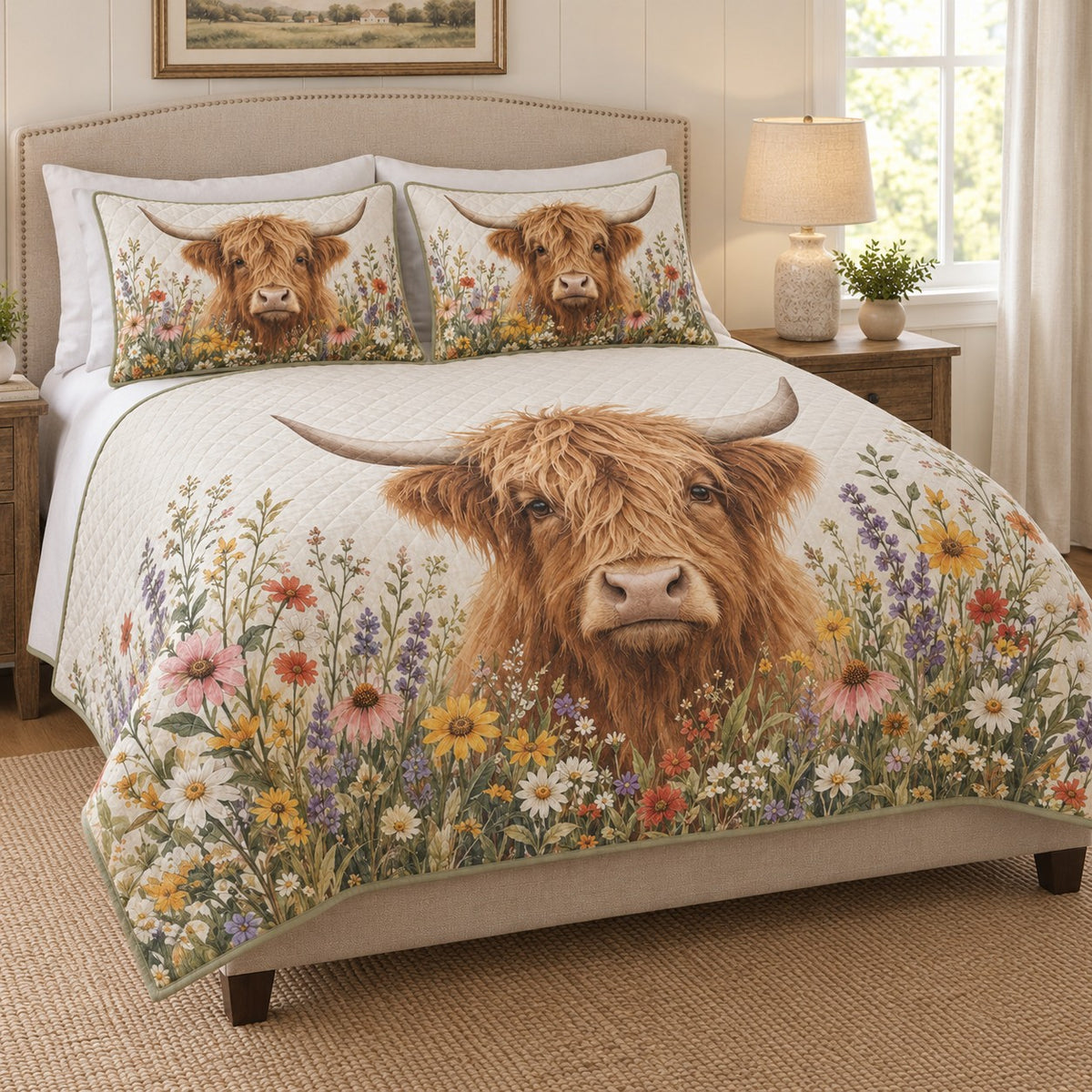 Highland Cow Floral Farmhouse Quilt Set: angled bedroom view showing the quilt artwork and coordinating shams