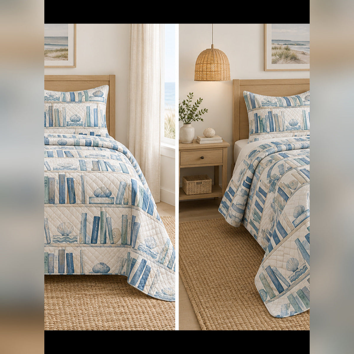 Coastal Blue Library Quilt Set, front book collecting bedroom view