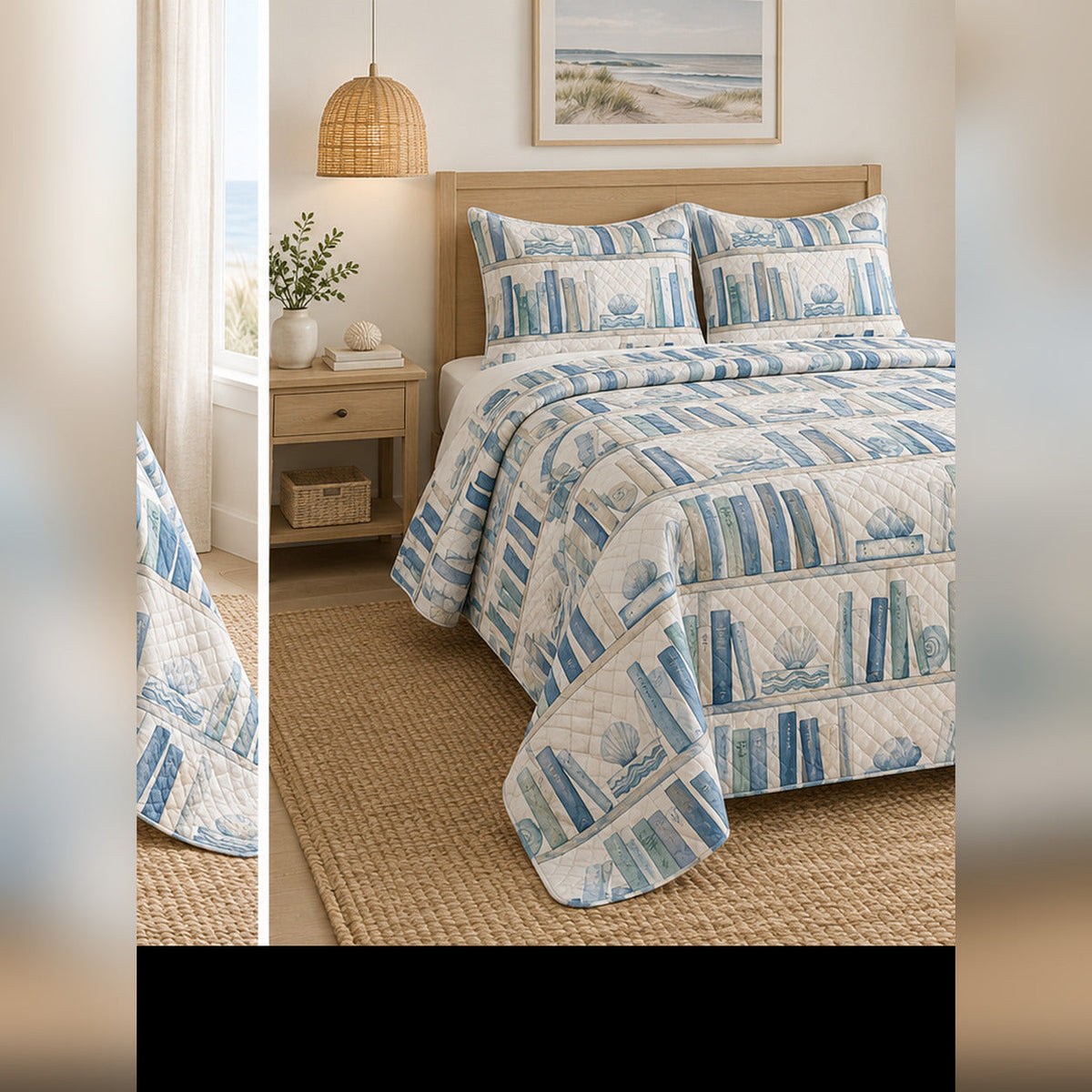 Coastal Blue Library Quilt Set, angled book collecting bedroom view