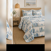 Coastal Blue Library Quilt Set, angled book collecting bedroom view