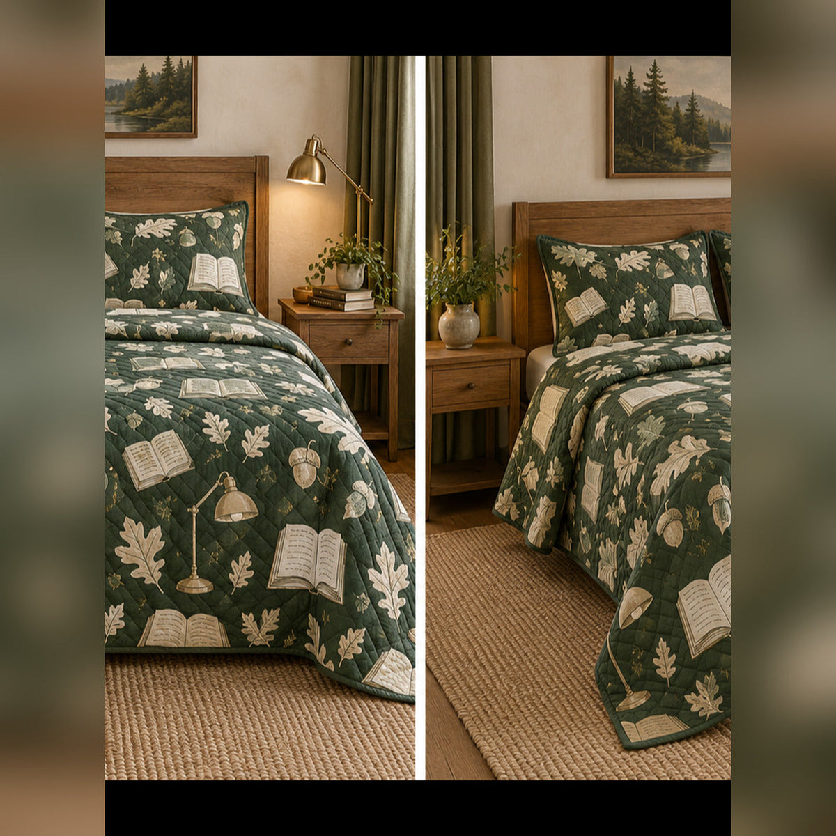 Forest Reading Nook Quilt Set, front book collecting bedroom view