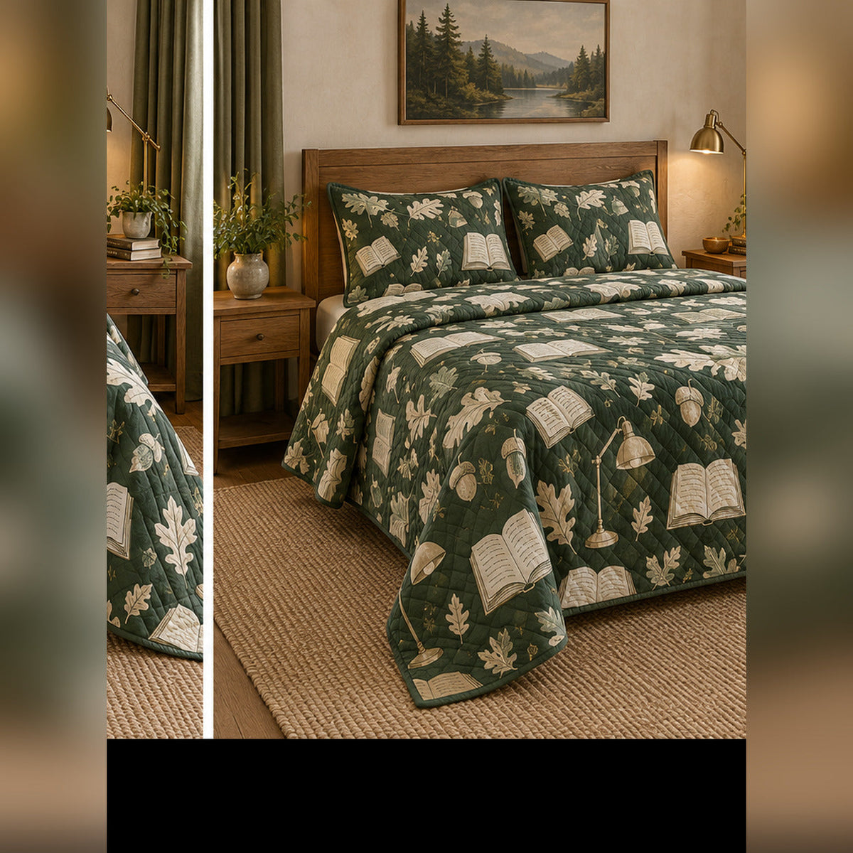 Forest Reading Nook Quilt Set, angled book collecting bedroom view