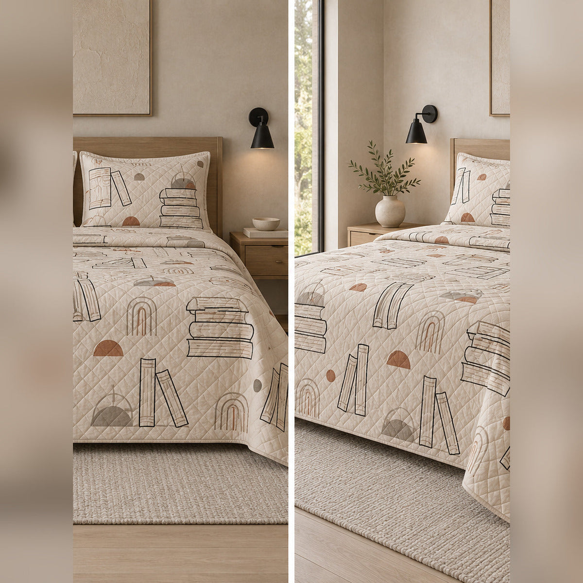 Minimal Neutral Book Lines Quilt Set, front book collecting bedroom view