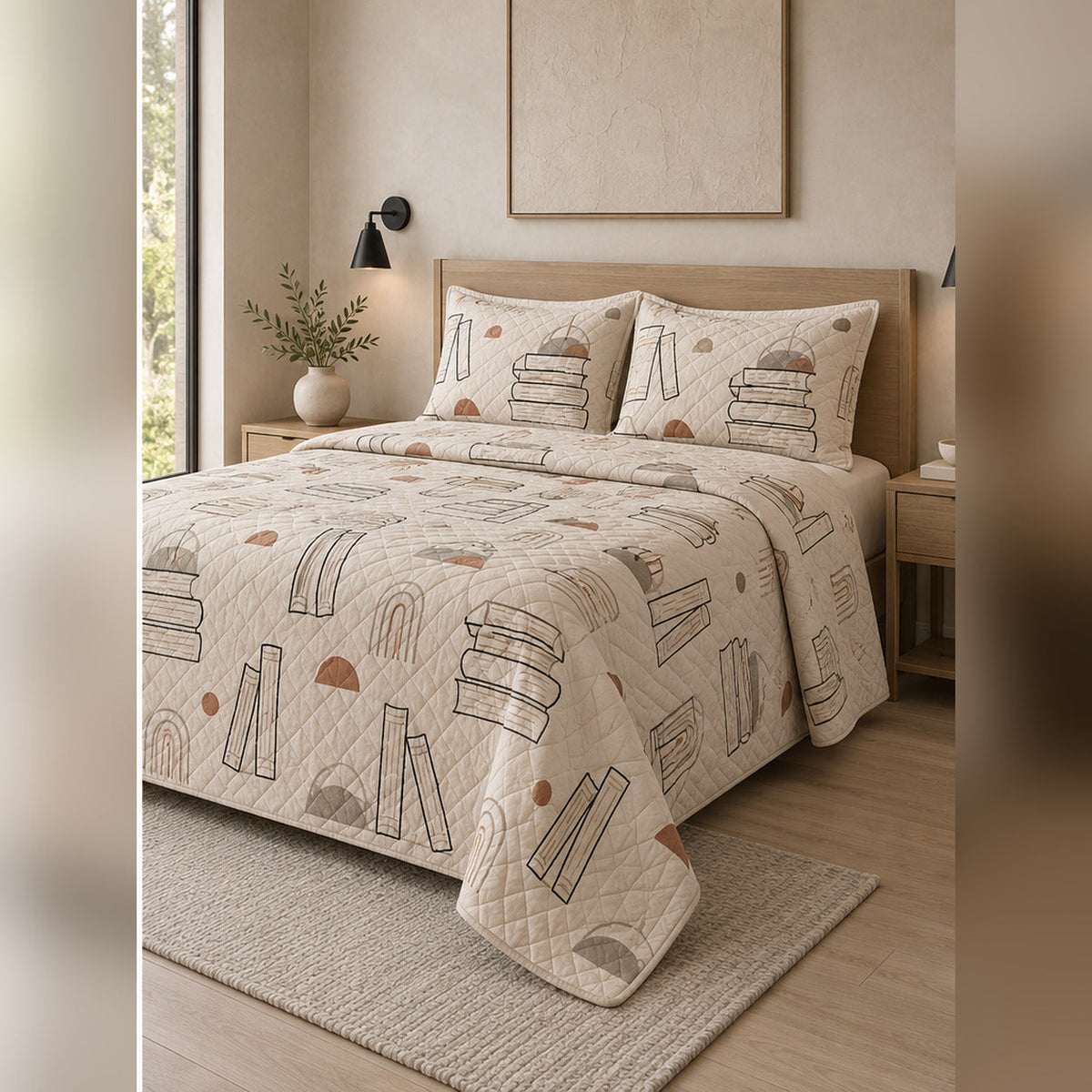 Minimal Neutral Book Lines Quilt Set, angled book collecting bedroom view