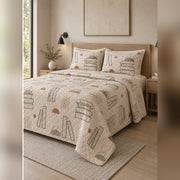 Minimal Neutral Book Lines Quilt Set, angled book collecting bedroom view