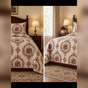 Burgundy Bookplate Ornament Quilt Set, front book collecting bedroom view