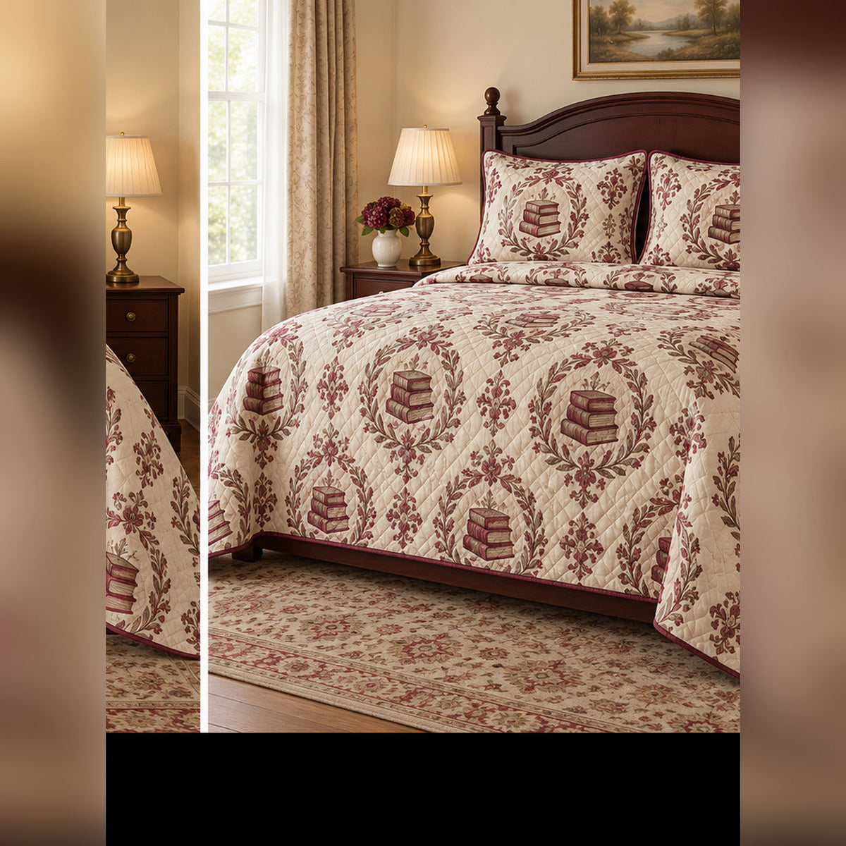 Burgundy Bookplate Ornament Quilt Set, angled book collecting bedroom view