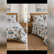 Indigo Block Print Books Quilt Set, front book collecting bedroom view