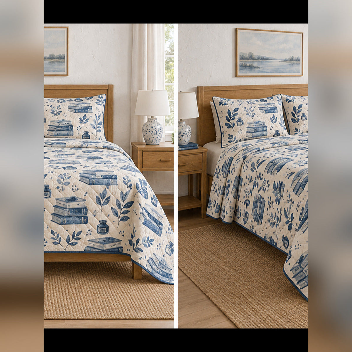 Indigo Block Print Books Quilt Set, front book collecting bedroom view