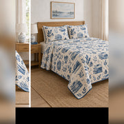 Indigo Block Print Books Quilt Set, angled book collecting bedroom view