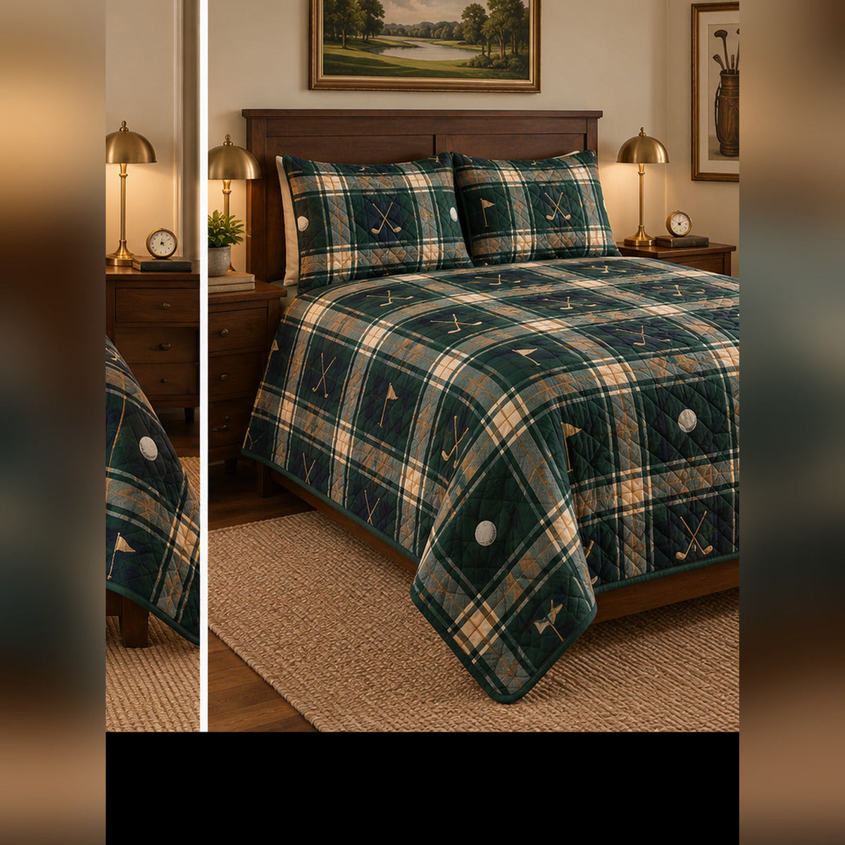 Heritage Fairway Tartan Golf Quilt Set, angled golf bedroom view