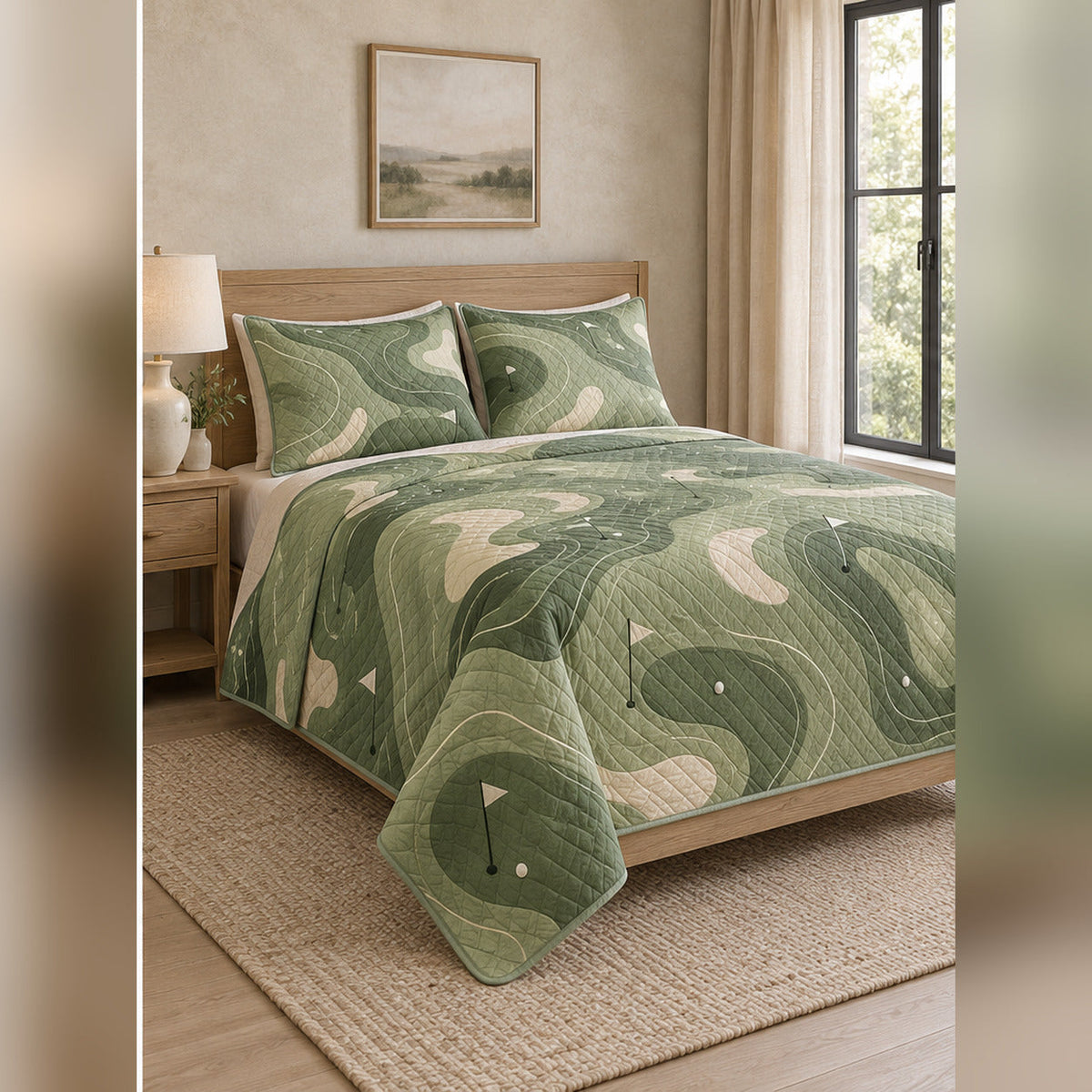 Sage Topographic Fairways Golf Quilt Set, angled golf bedroom view