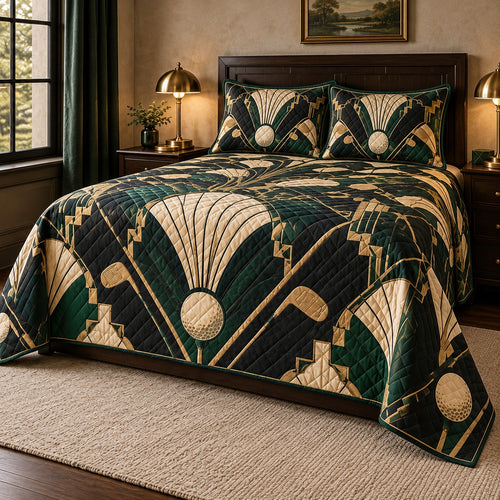 Art Deco Golf Club Quilt Set, full angled bedroom view