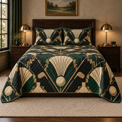 Art Deco Golf Club Quilt Set, full front bedroom view