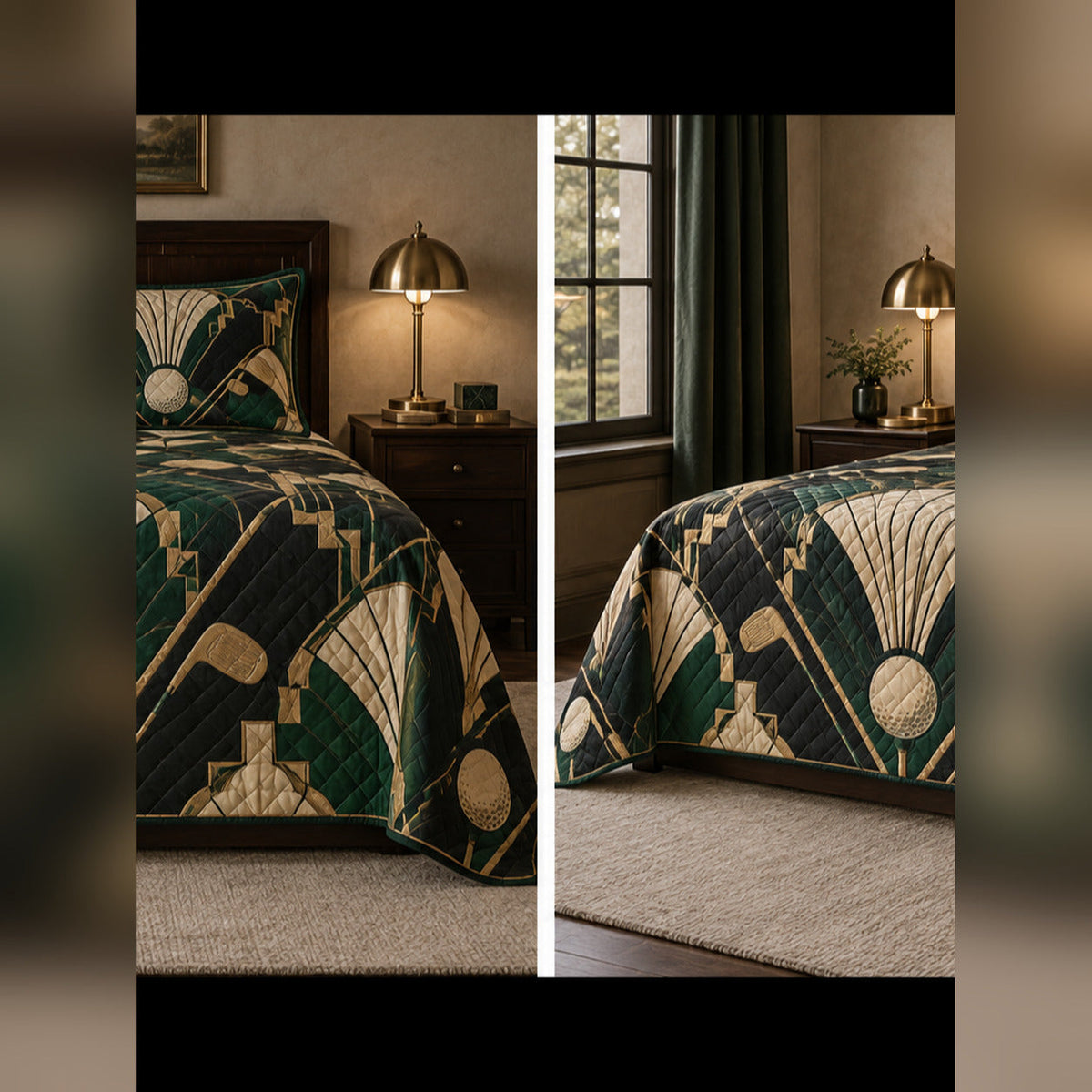 Art Deco Golf Club Quilt Set, front golf bedroom view