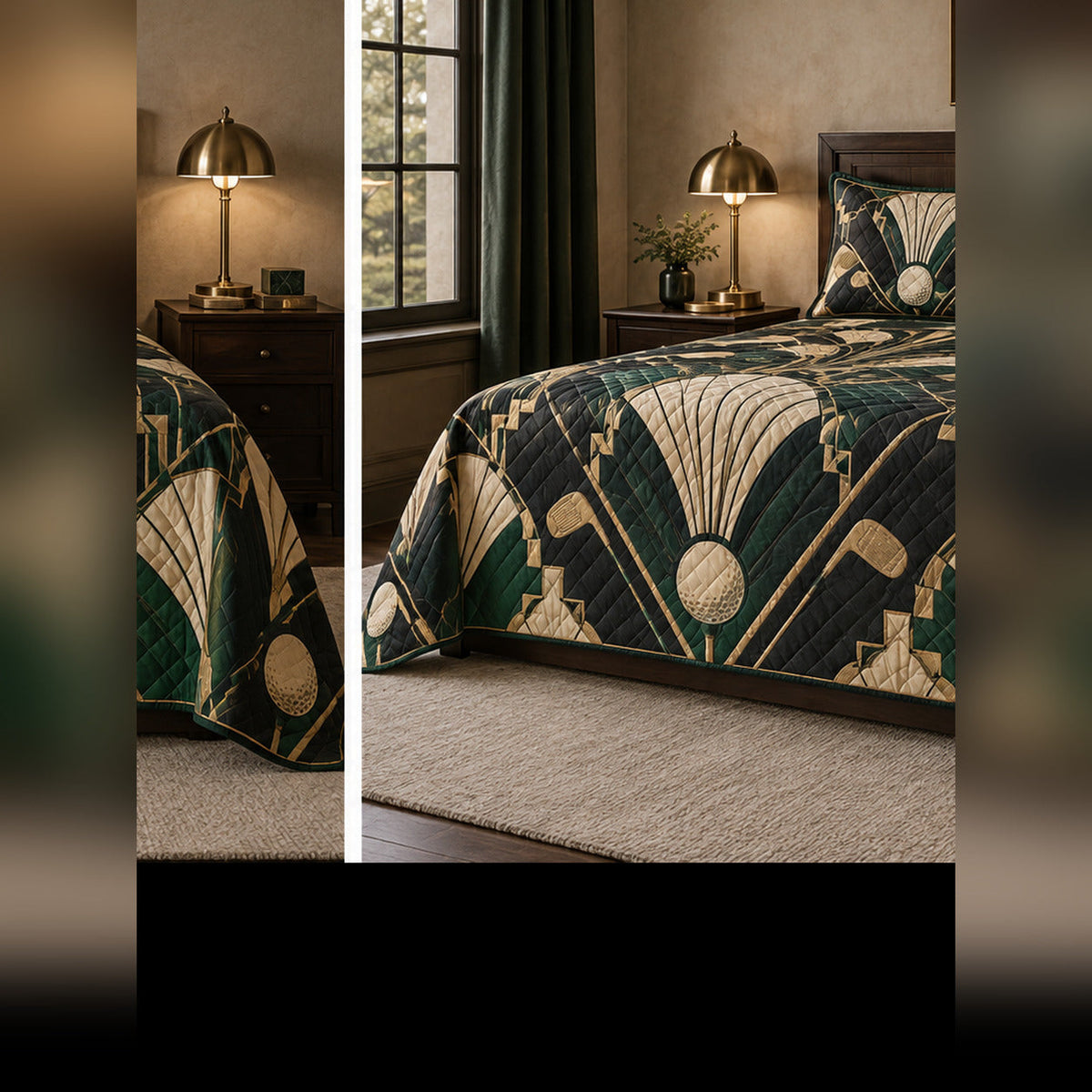 Art Deco Golf Club Quilt Set, angled golf bedroom view