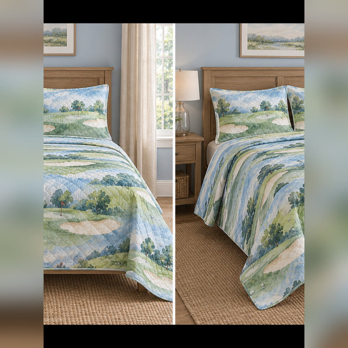 Watercolor Links Landscape Golf Quilt Set, front golf bedroom view