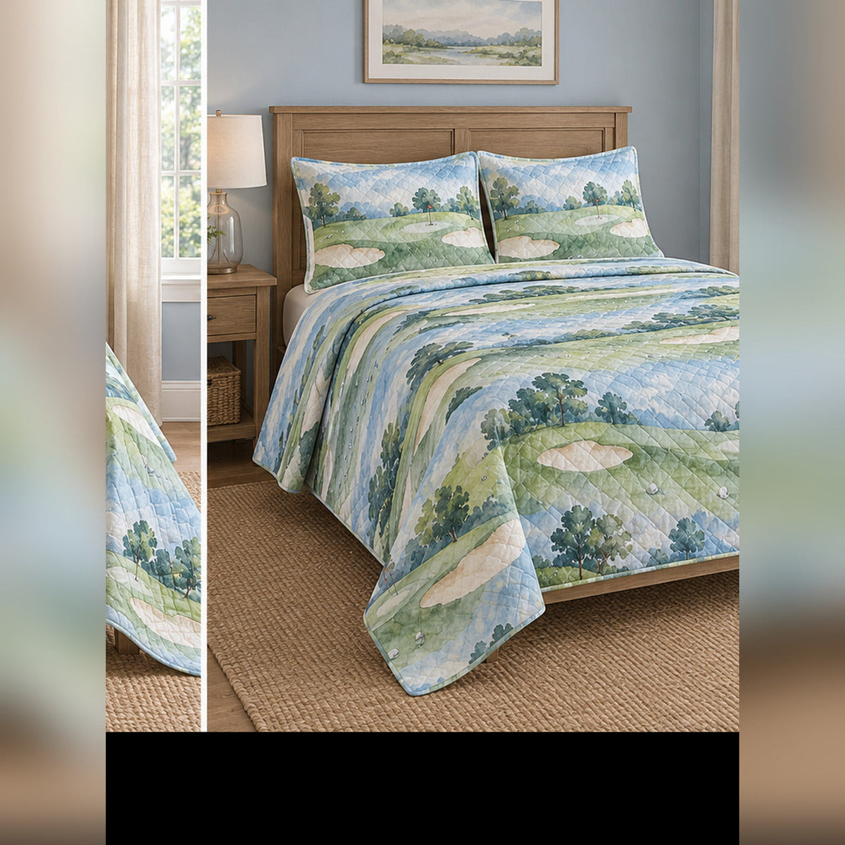 Watercolor Links Landscape Golf Quilt Set, angled golf bedroom view