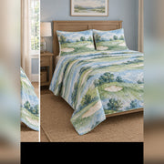 Watercolor Links Landscape Golf Quilt Set, angled golf bedroom view