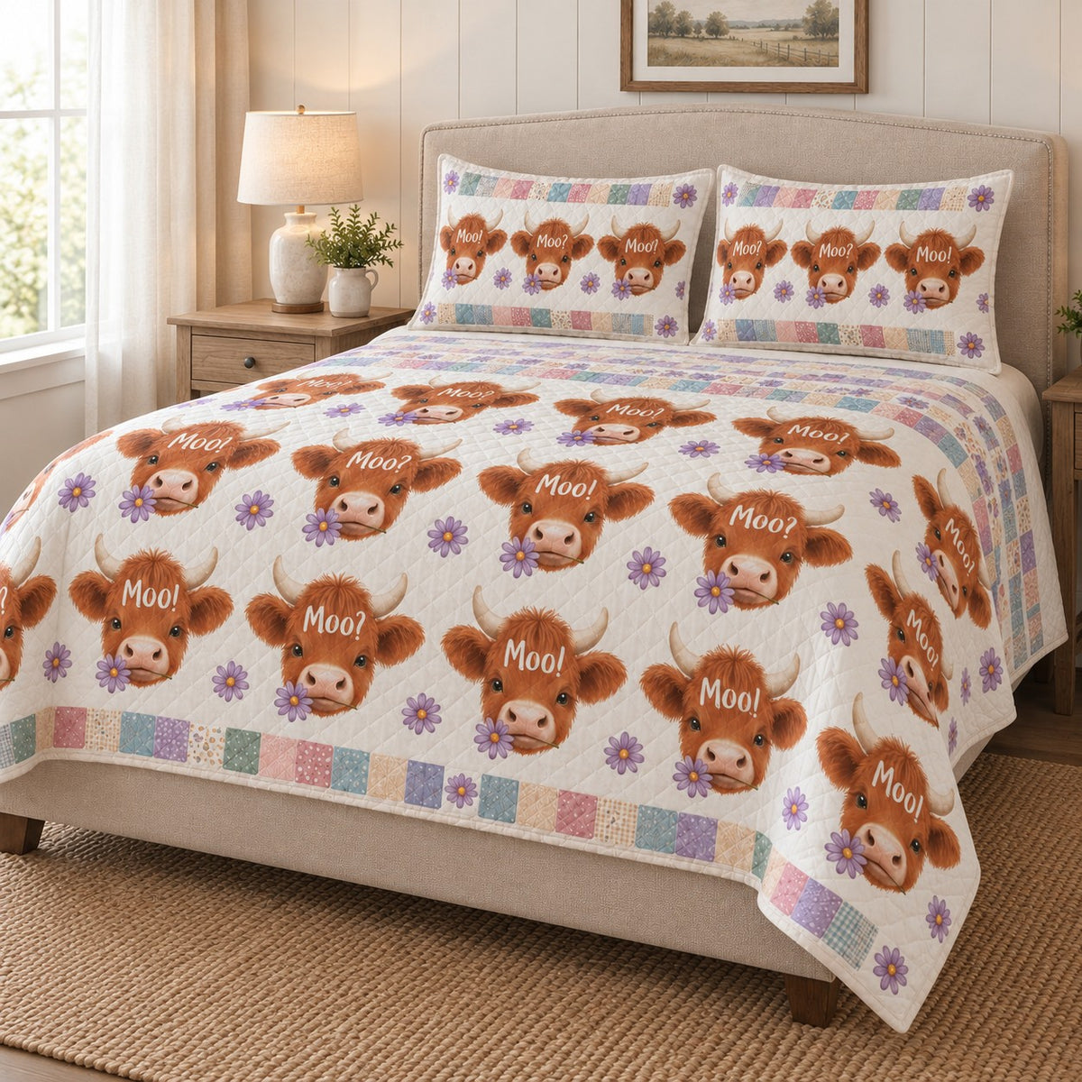 Cute Highland Cow Moo Pattern Quilt Set: angled bedroom view showing the quilt artwork and coordinating shams