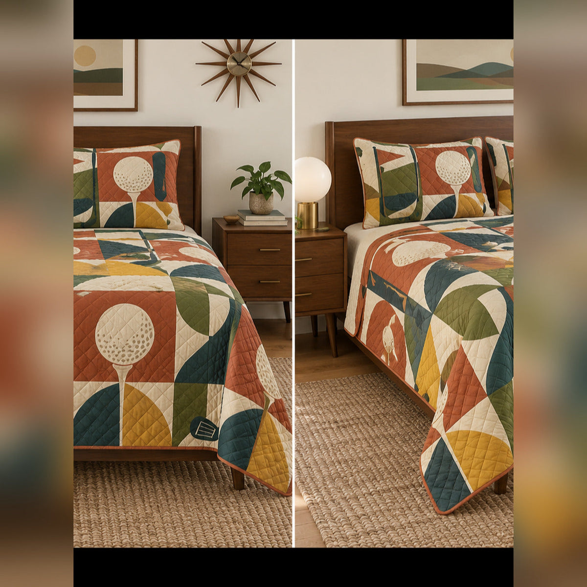 Terracotta Midcentury Golf Quilt Set, front golf bedroom view