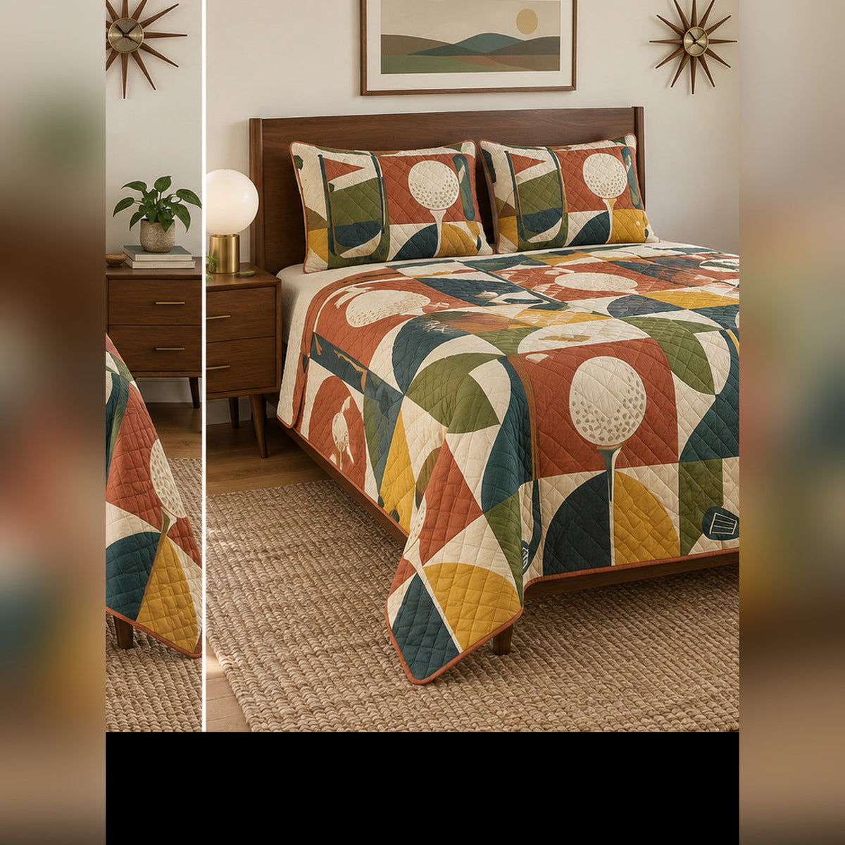 Terracotta Midcentury Golf Quilt Set, angled golf bedroom view