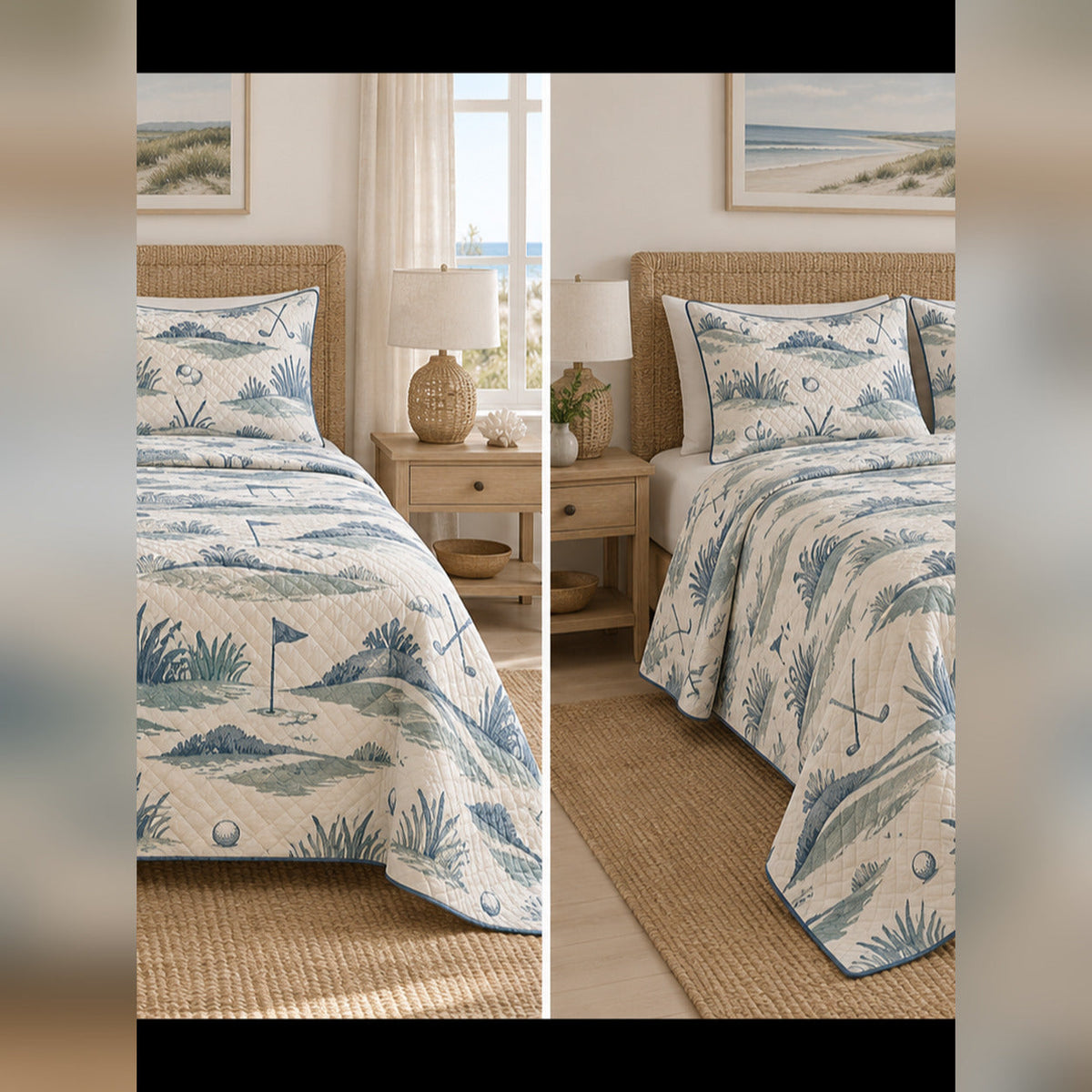 Coastal Links Blue Golf Quilt Set, front golf bedroom view