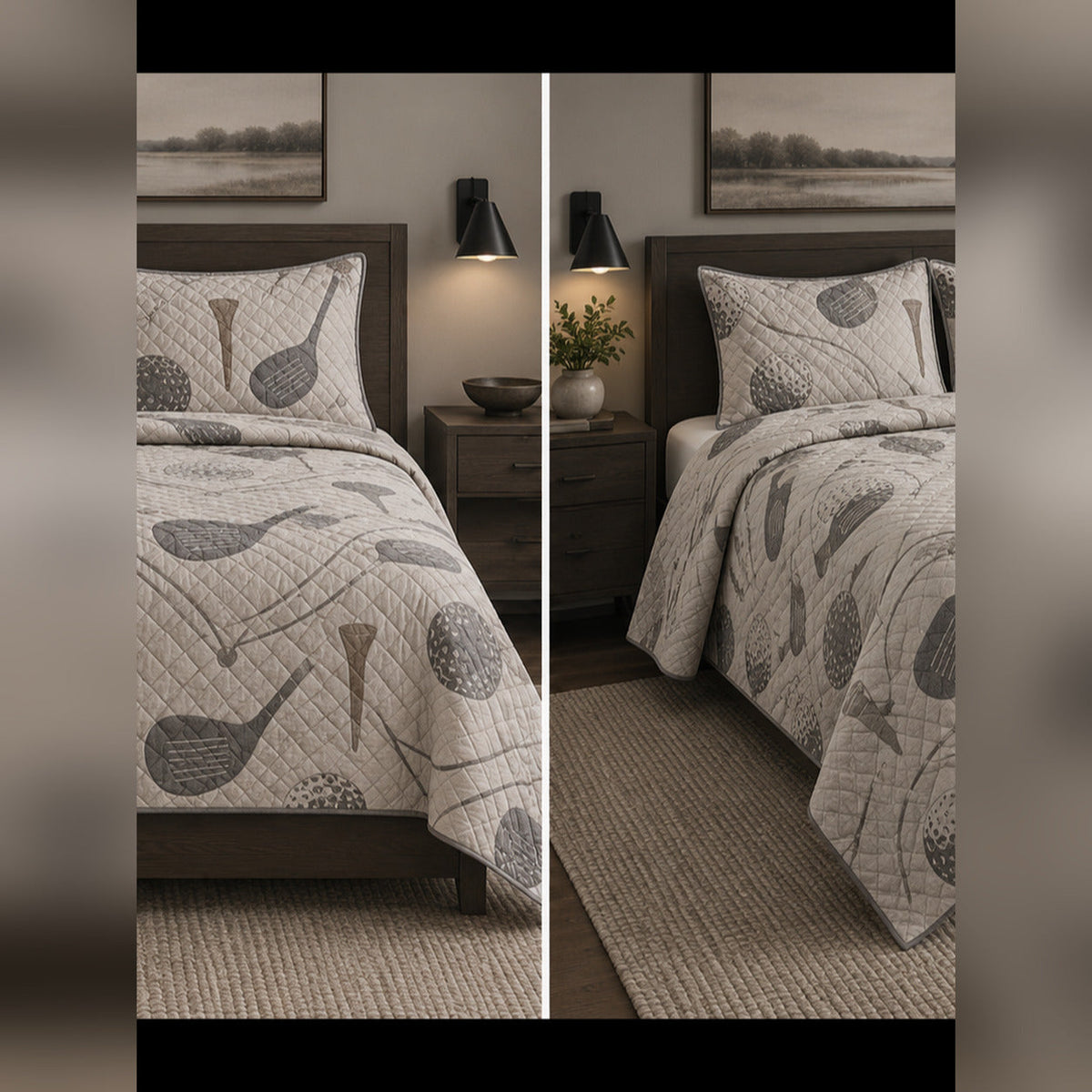Minimal Tonal Golf Quilt Set, front golf bedroom view