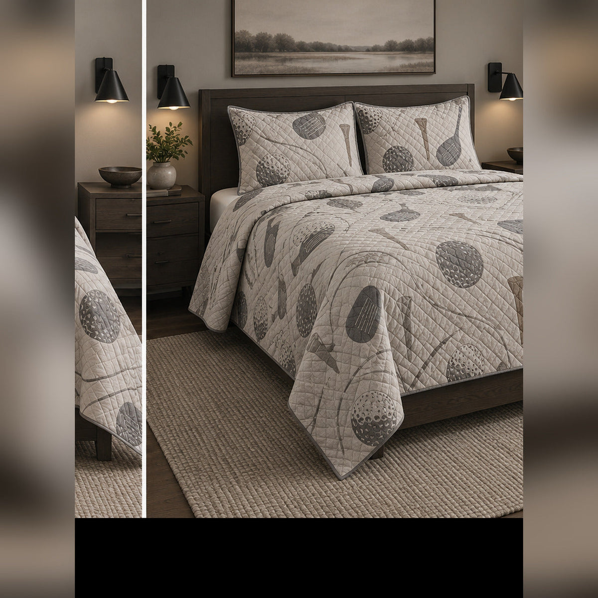 Minimal Tonal Golf Quilt Set, angled golf bedroom view