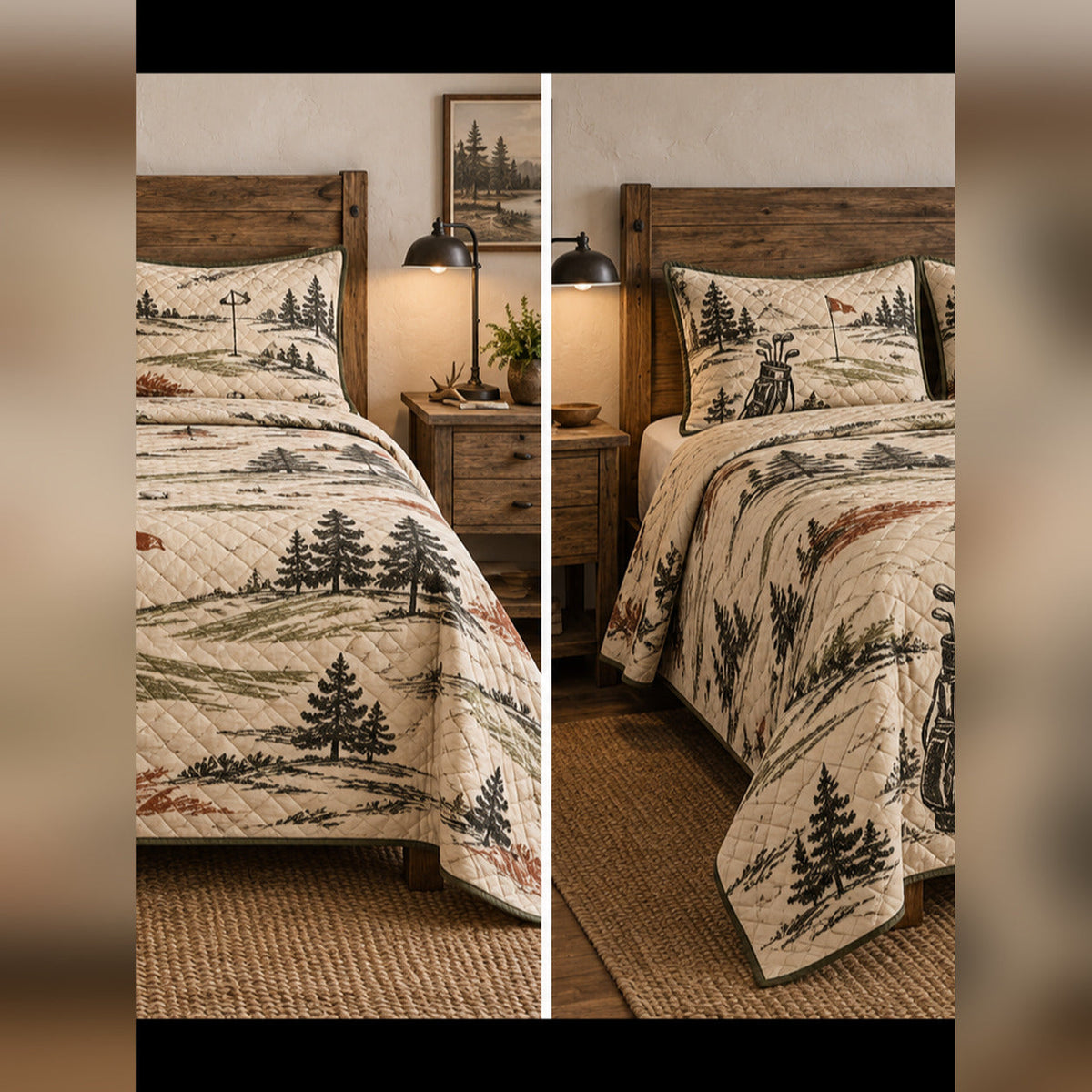 Rustic Course Sketch Golf Quilt Set, front golf bedroom view