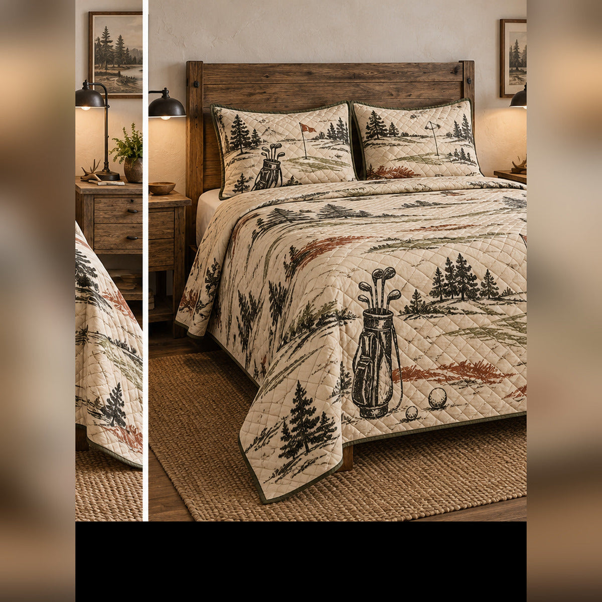 Rustic Course Sketch Golf Quilt Set, angled golf bedroom view