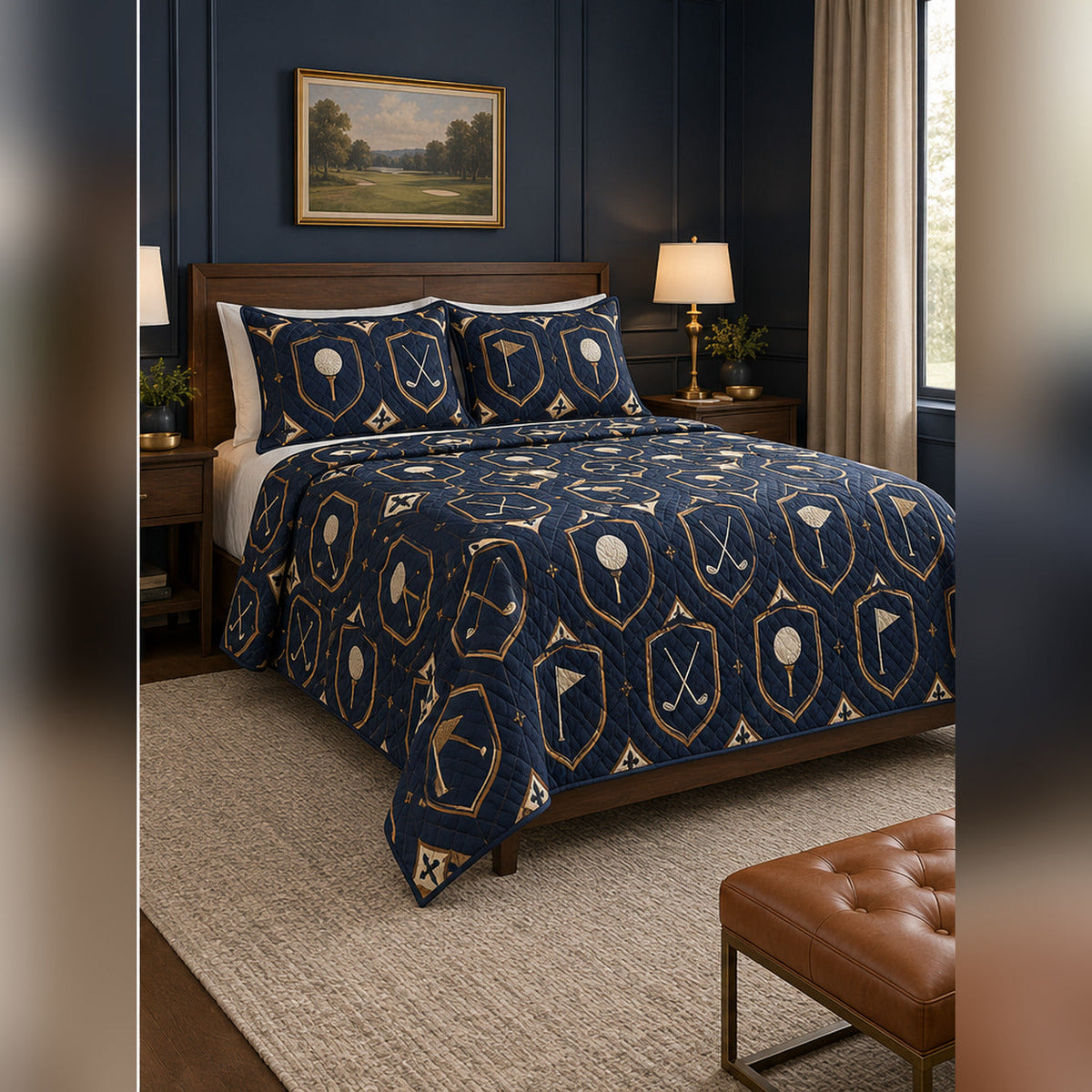 Navy Golf Crest Quilt Set, angled golf bedroom view
