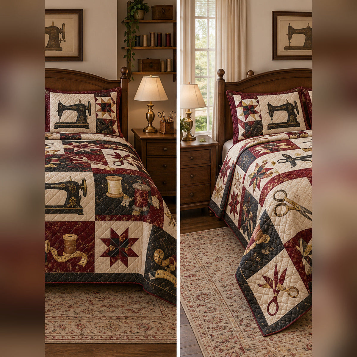 Vintage Sewing Studio Quilt Set, front sewing bedroom view