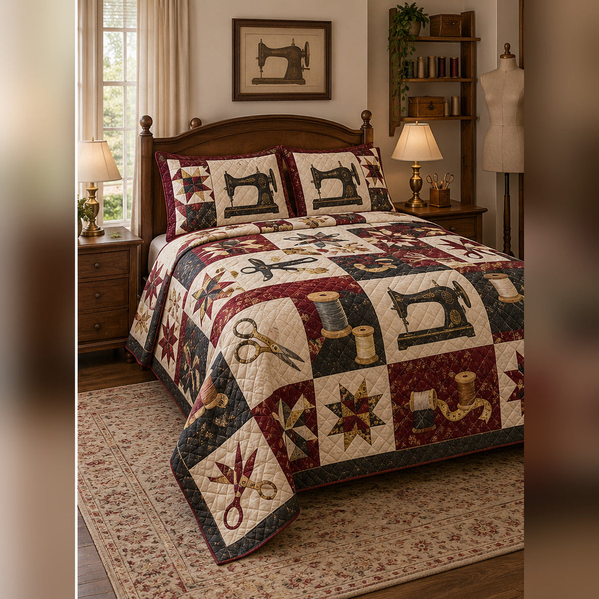 Vintage Sewing Studio Quilt Set, angled sewing bedroom view