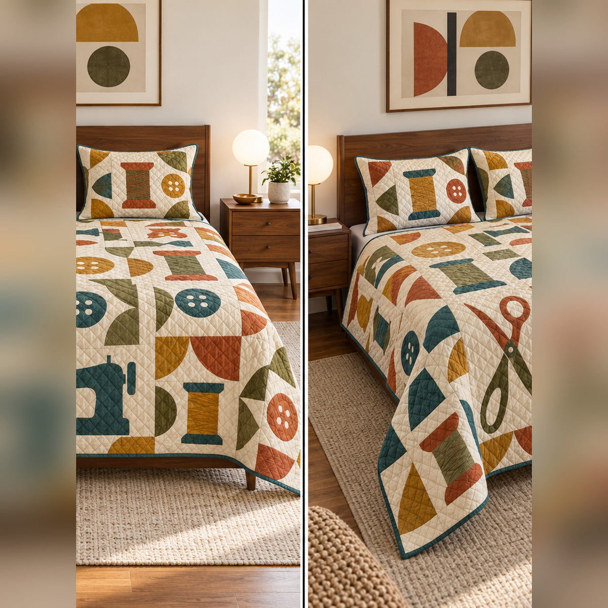 Midcentury Notions Sewing Quilt Set, front sewing bedroom view