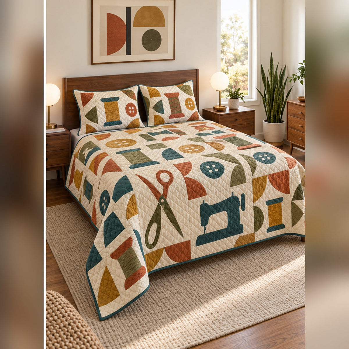 Midcentury Notions Sewing Quilt Set, angled sewing bedroom view