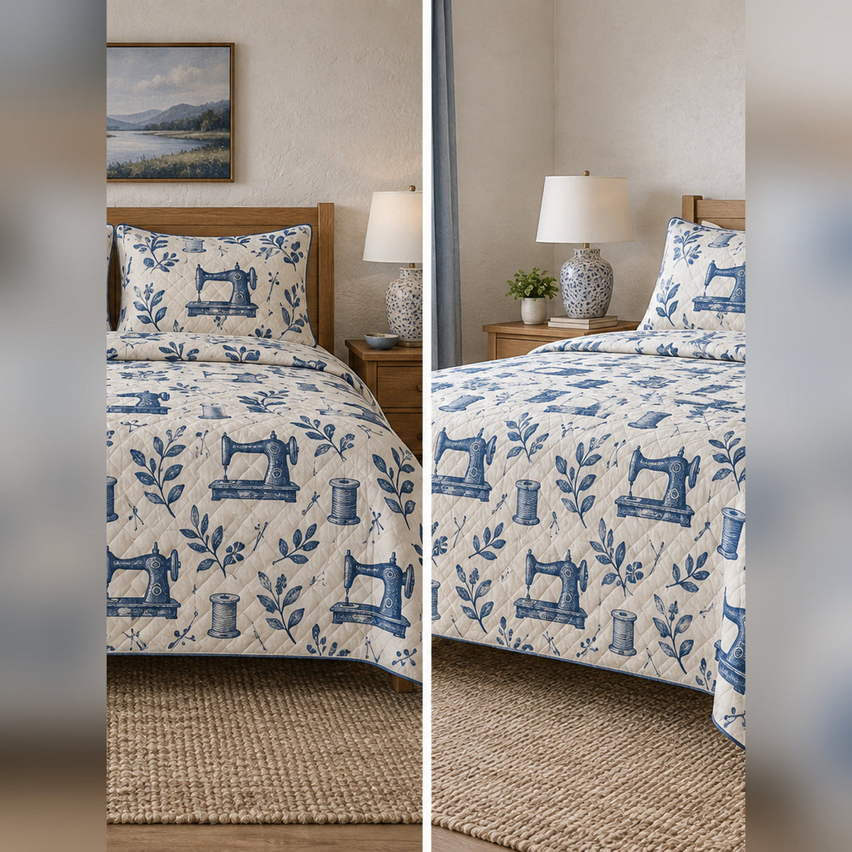 Indigo Block Print Sewing Quilt Set, front sewing bedroom view
