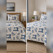 Indigo Block Print Sewing Quilt Set, front sewing bedroom view